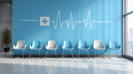 Healthcare clinic lobby, blue cross and ECG line symbol on wall, six empty chairs in alignment, modern clean lookの素材