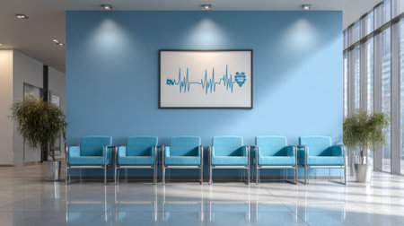 Medical waiting area design featuring blue cross, ECG heartbeat artwork, and six neatly placed chairs in bright environmentの素材