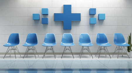 Neat waiting room interior with six chairs, blue cross with heartbeat wall sign, contemporary healthcare design aestheticの素材