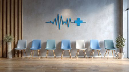 Neat waiting room interior with six chairs, blue cross with heartbeat wall sign, contemporary healthcare design aestheticの素材