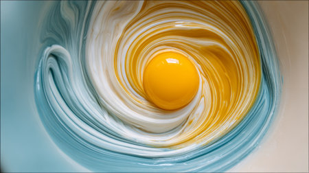 Artistic macro of a bowl with swirling pastel creams, central yellow egg yolk, modern minimal photography, smooth texture focusの素材