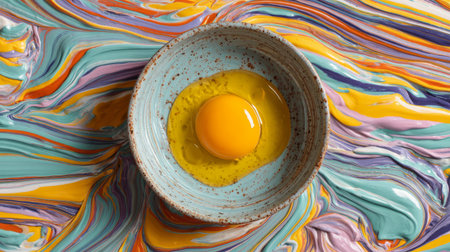 Overhead view of bowl filled with colorful paint-like cream swirls, centered bright yellow egg yolk, abstract art conceptの素材