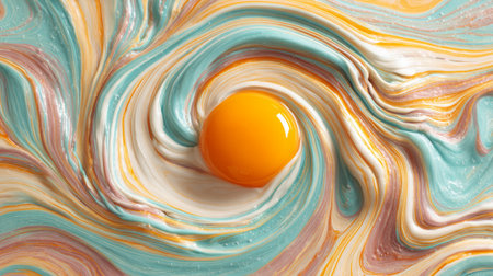 Stunning bowl of marbled colorful cream, egg yolk placed in the center, aesthetic food art concept, clean backgroundの素材