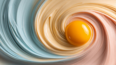 Artistic macro of a bowl with swirling pastel creams, central yellow egg yolk, modern minimal photography, smooth texture focusの素材