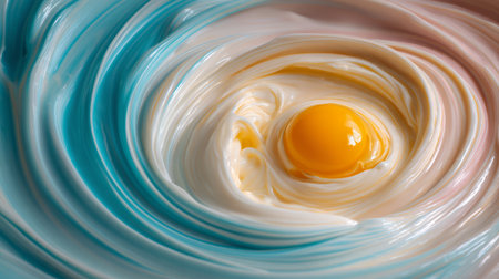 Macro view of colorful cream mixture in circular bowl, raw egg yolk shining at center, high contrast artistic compositionの素材