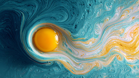 Swirling colorful cream texture in bowl, egg yolk in center creating contrast, creative visual for abstract culinary artの素材