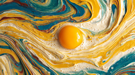 Swirling colorful cream texture in bowl, egg yolk in center creating contrast, creative visual for abstract culinary artの素材