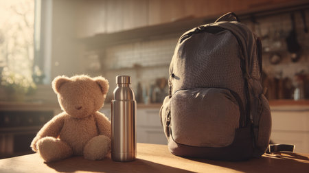 Cozy natural light illuminating a backpack, metal bottle, and plush toy on table, modern warm-toned kitchen backgroundの素材