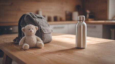 Wooden kitchen table surface, backpack and metal water bottle composition, soft light illumination, gentle lifestyle setup with plush toyの素材