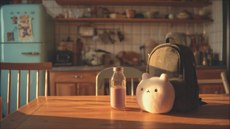 Serene everyday home scene, backpack and bottle on kitchen table, soft illumination highlighting plush toy, peaceful toneの素材