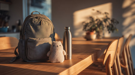 Warm morning light on wooden kitchen table with casual backpack, sleek water bottle, and plush toy, cozy minimalist aestheticの素材