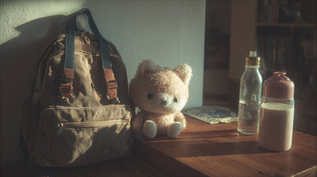 Cozy domestic scene, stylish backpack beside water bottle and plush toy on table, sunlight creating soft shadows, warm tone interiorの素材