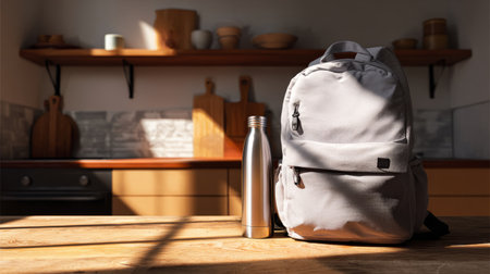 Modern kitchen decor, top view of backpack and sleek bottle on wood table, soft sunlight glow, home lifestyle compositionの素材