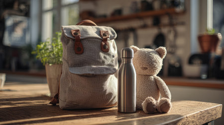 Stylish backpack and metal water bottle on wooden kitchen table, soft morning light streaming in, plush toy beside them, cozy home atmosphereの素材