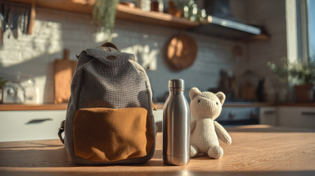Stylish backpack and metal water bottle on wooden kitchen table, soft morning light streaming in, plush toy beside them, cozy home atmosphereの素材