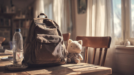 Cozy domestic scene, stylish backpack beside water bottle and plush toy on table, sunlight creating soft shadows, warm tone interiorの素材