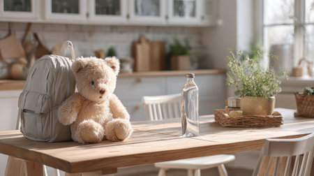 Bright home interior with wooden kitchen table, backpack beside water bottle, soft daylight, plush toy creating cozy touchの素材