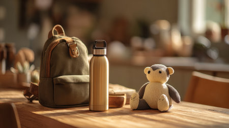 Wooden kitchen table surface, backpack and metal water bottle composition, soft light illumination, gentle lifestyle setup with plush toyの素材