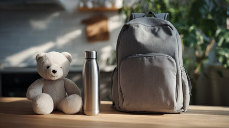Backpack and stainless steel bottle placed neatly on light wood kitchen table, soft natural light, plush toy accent, lifestyle photographyの素材