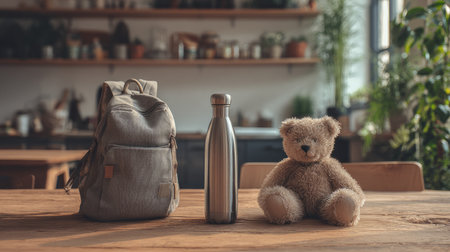 Wooden kitchen table surface, backpack and metal water bottle composition, soft light illumination, gentle lifestyle setup with plush toyの素材