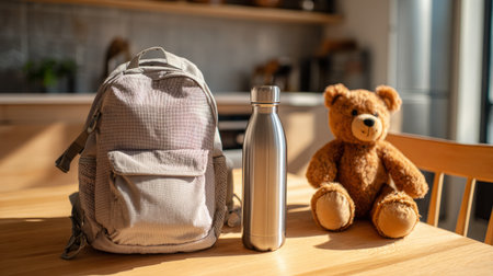 Backpack and stainless steel bottle placed neatly on light wood kitchen table, soft natural light, plush toy accent, lifestyle photographyの素材