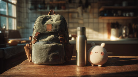 Stylish backpack and metal water bottle on wooden kitchen table, soft morning light streaming in, plush toy beside them, cozy home atmosphereの素材