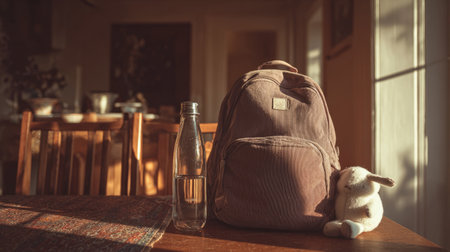 Cozy domestic scene, stylish backpack beside water bottle and plush toy on table, sunlight creating soft shadows, warm tone interiorの素材