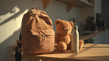 Warm morning light on wooden kitchen table with casual backpack, sleek water bottle, and plush toy, cozy minimalist aestheticの素材
