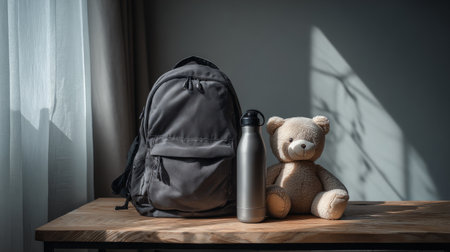 Elegant minimalist scene, wooden table with backpack and reusable water bottle, soft light reflection, plush toy besideの素材