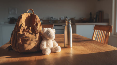 Warm morning light on wooden kitchen table with casual backpack, sleek water bottle, and plush toy, cozy minimalist aestheticの素材