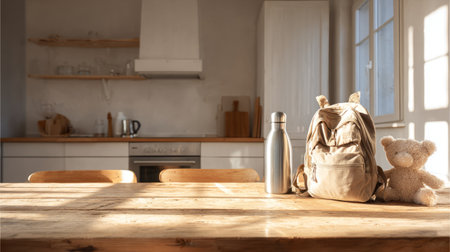 Aesthetic wooden kitchen table with backpack, elegant water bottle, and plush toy, sunlight glow adding warmth, minimalist moodの素材