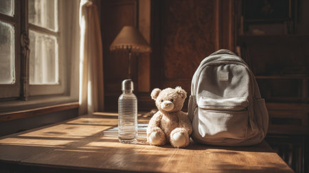 Cozy domestic scene, stylish backpack beside water bottle and plush toy on table, sunlight creating soft shadows, warm tone interiorの素材