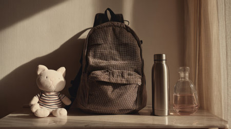 Home lifestyle setup, backpack, bottle, and plush toy arranged neatly on table, soft shadows and warm morning tonesの素材