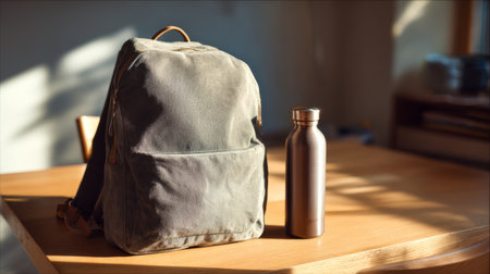 Modern kitchen decor, top view of backpack and sleek bottle on wood table, soft sunlight glow, home lifestyle compositionの素材