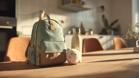 Minimalist home scene, kitchen table with modern backpack, water bottle, and cute plush toy, softly lit by morning lightの素材