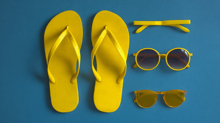 Bright minimal travel scene, yellow flip flops and sunglasses arranged symmetrically, overhead shot, clean styleの素材