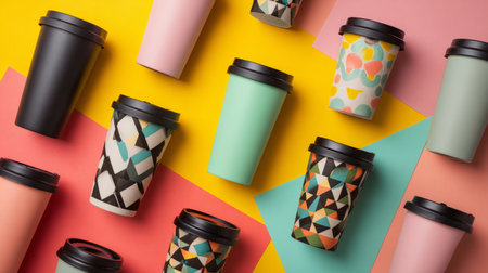 Artistic flat lay of pastel reusable mugs with black lids, eco design product photo, geometric layout, bright cheerful compositionの素材