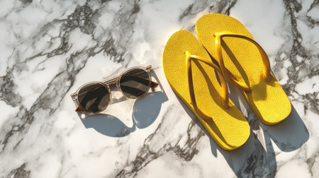 Stylish minimal flat lay of sunglasses and yellow flip flops, bright daylight, white marble surface, summer vibeの素材