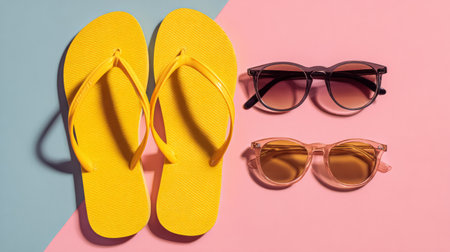 Fun summer essentials flat lay, yellow flip flops beside sunglasses on pastel background, simple compositionの素材
