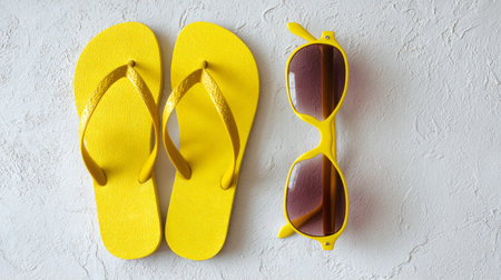 Vibrant yellow flip flops paired with sunglasses, minimal travel concept, flat lay on white textured surfaceの素材