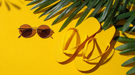 Stylish summer flat lay, yellow flip flops and sunglasses arranged diagonally on bright clean background, travel conceptの素材
