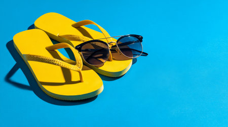 Stylish summer flat lay, yellow flip flops and sunglasses arranged diagonally on bright clean background, travel conceptの素材