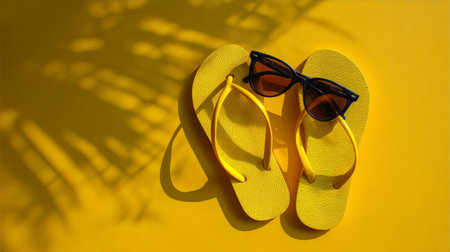 Trendy flat lay, yellow flip flops and sunglasses with soft shadows, minimalist photography, bright moodの素材