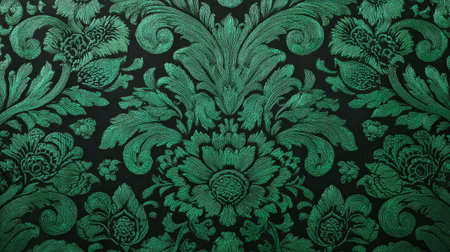 Emerald damask textile featuring intricate floral motif, silk threads catching light, decorative opulence and symmetryの素材