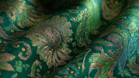 Emerald woven textile featuring ornate damask design, fine floral embroidery, luxurious and sophisticated lookの素材
