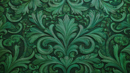 Decorative green tapestry with detailed damask pattern, floral ornamentation, refined textile craftsmanshipの素材
