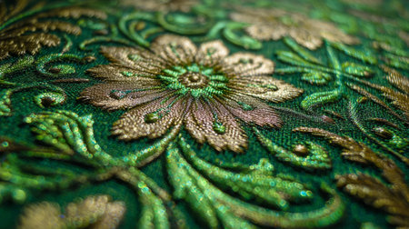 Intricate green damask surface pattern, floral ornamental design, shimmering woven threads, artistic decorationの素材
