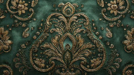 Deep green decorative damask with intricate floral embroidery, rich textile detail, ornamental fabric textureの素材