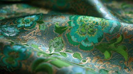Intricate woven damask textile with opulent green floral motifs, detailed embroidery, luxurious decorative fabric, elegant lightingの素材