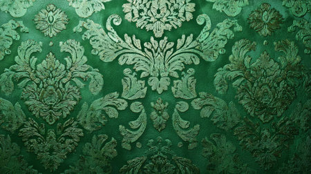 Opulent green damask background with floral arabesque patterns, fine woven craftsmanship, subtle sheen and textureの素材